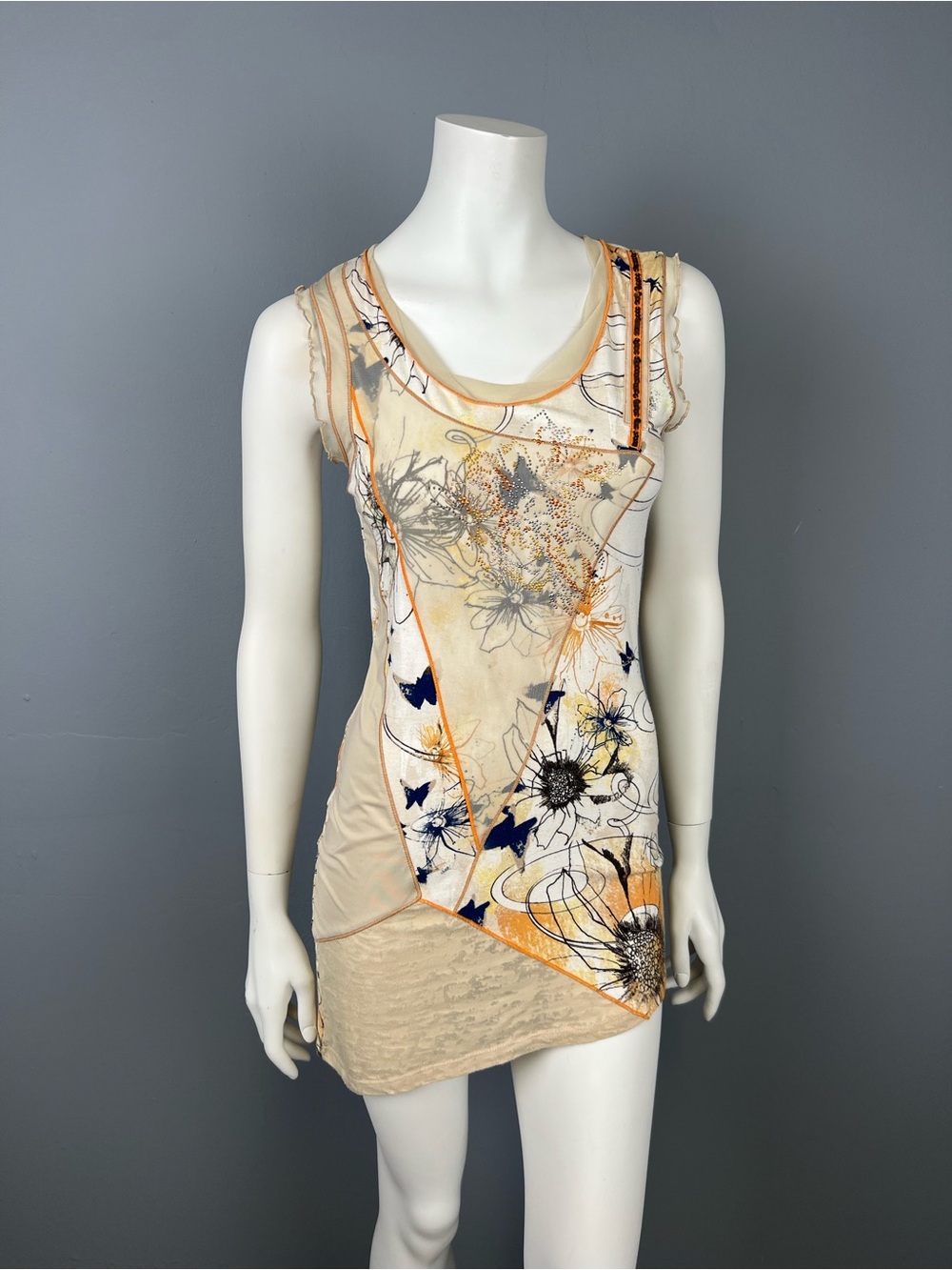 Beige Orange Floral Printed Sleeveless Tank Top / Mini Dress with Sequin